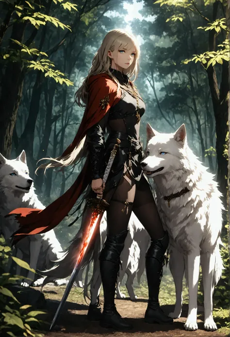 fantasy art, RPG art, Dark fantasy art, ultra wide shot, RAW, photorealistic, a picture of female human ranger and her (white: 1.4) wolf pet, the ranger, an exquisite beautiful human woman, long blond hair, braided hair, green eyes, wearing leather armor, ...