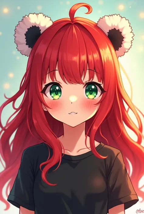 Girl anime with panda ears And a black shirt And And red hair And Green eyes