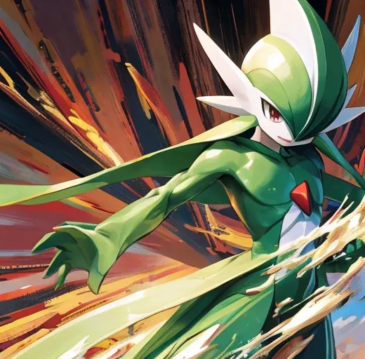 Masterpiece, very high quality, pokemon, Gallade, Gallade pokemon, pokemon series, pocket monsters, Gallade on action pose, action pose, fight pose, anime, japanese animation, Male character, male, Manly, sexy, Muscular,  melting into lilligant, conceptual...