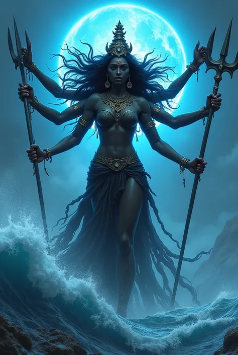 
brown colour maa kaali angrily standing in the see with 6 hands bout sides having trishul in both sides and light blue lighting in her background 