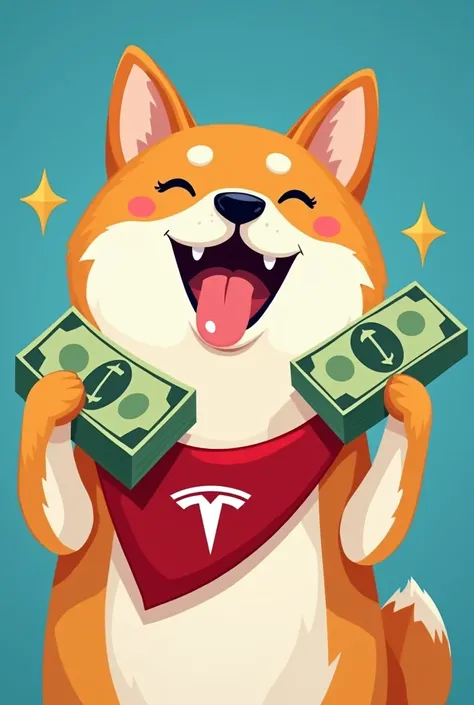 A Doge happy with tongue with re handkerchief in neck with Tesla icon with blue background 
With hands of dog getting dollar in left side