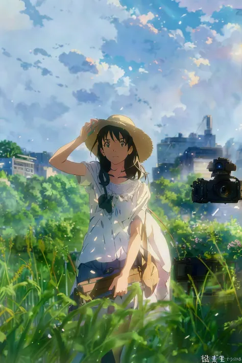 anime girl in a field with a painting and a camera, makoto shinkai art style, studio glibly makoto shinkai, ( ( makoto shinkai ) ), style of makoto shinkai, makoto shinkai!, makoto shinkai!!, in style of makoto shinkai, mokoto shinkai