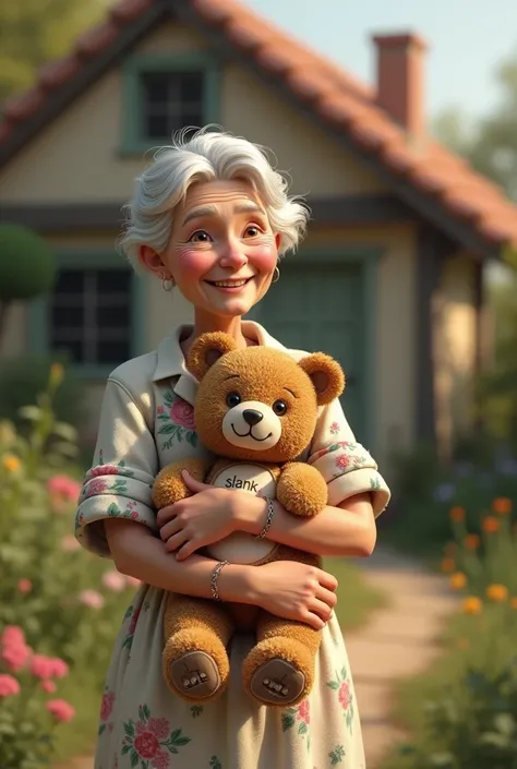 (photorealism:1.2), "An elderly woman in her 80s, wearing a soft, floral-print dress, carrying a teddy bear with Slank written on its chest, smiling warmly as she stands in front of a small cottage."