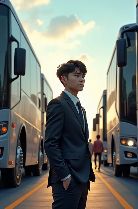 A boy has become the owner of a multi-boss company with all the buses behind him and he is watching people