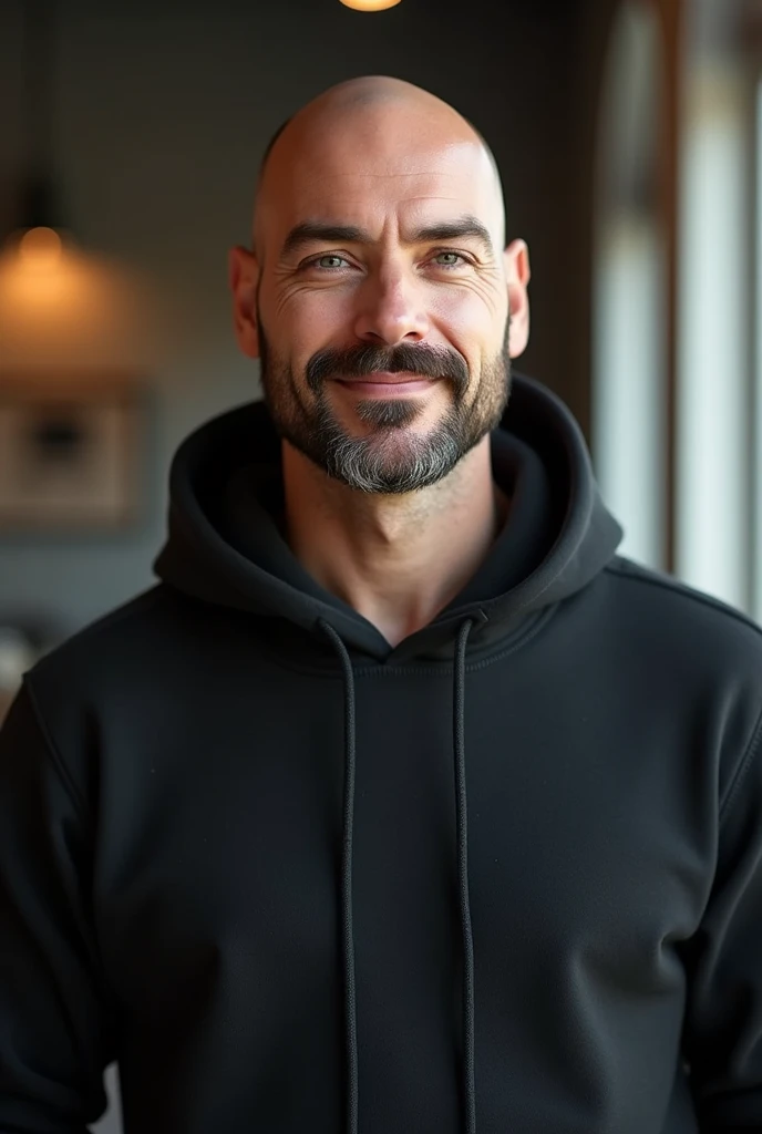 A 2 bald man with a mustache and no beard, wearing a black hoodie.
He has a clean-shaven face, save for a well-groomed mustache that adds a touch of ruggedness to his appearance. His head is completely bald, emphasizing his strong facial features. Hes dres...