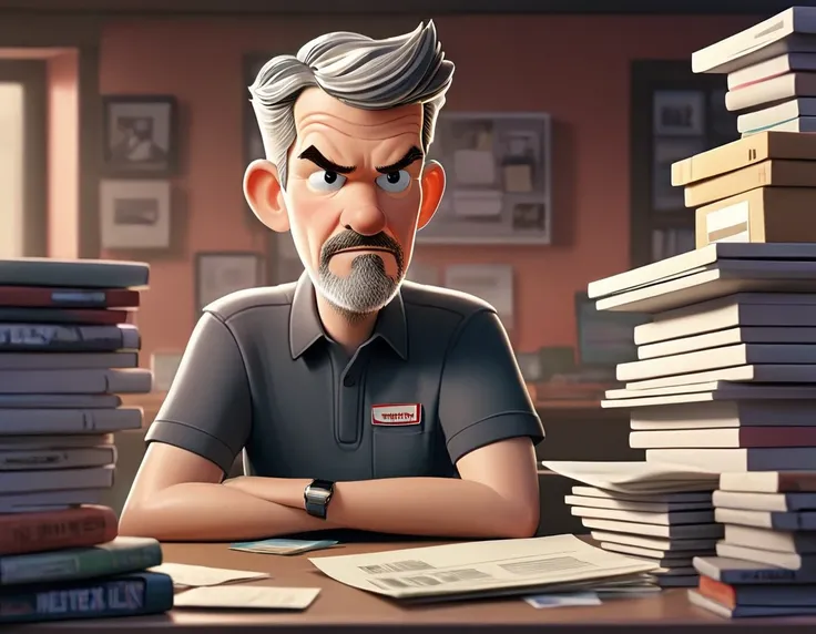 In the center of the illustration, Reed Hastings of Netflix is depicted. He is sitting at a desk, deep in thought, surrounded by scattered videotapes and DVDs. His expression is serious, indicating that he is trying to come up with a new idea.

In the back...