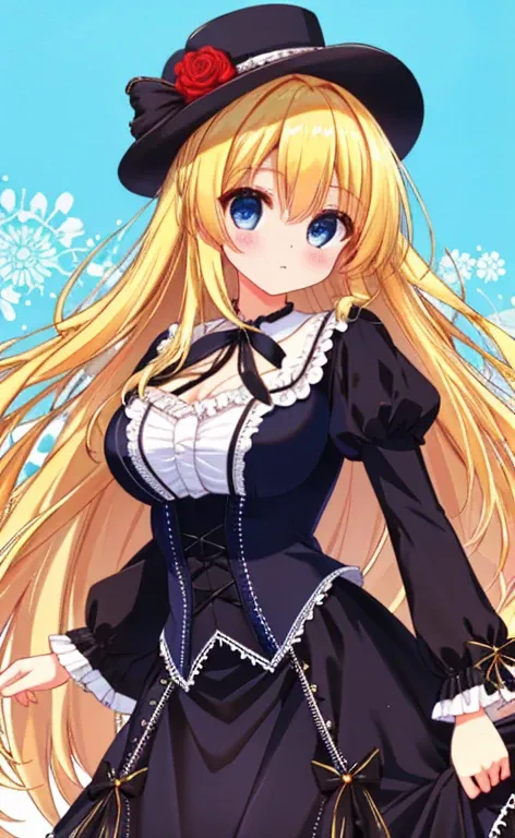 Beautiful long blonde　Blue Eyes　Cowboy Shot　victorian black dress