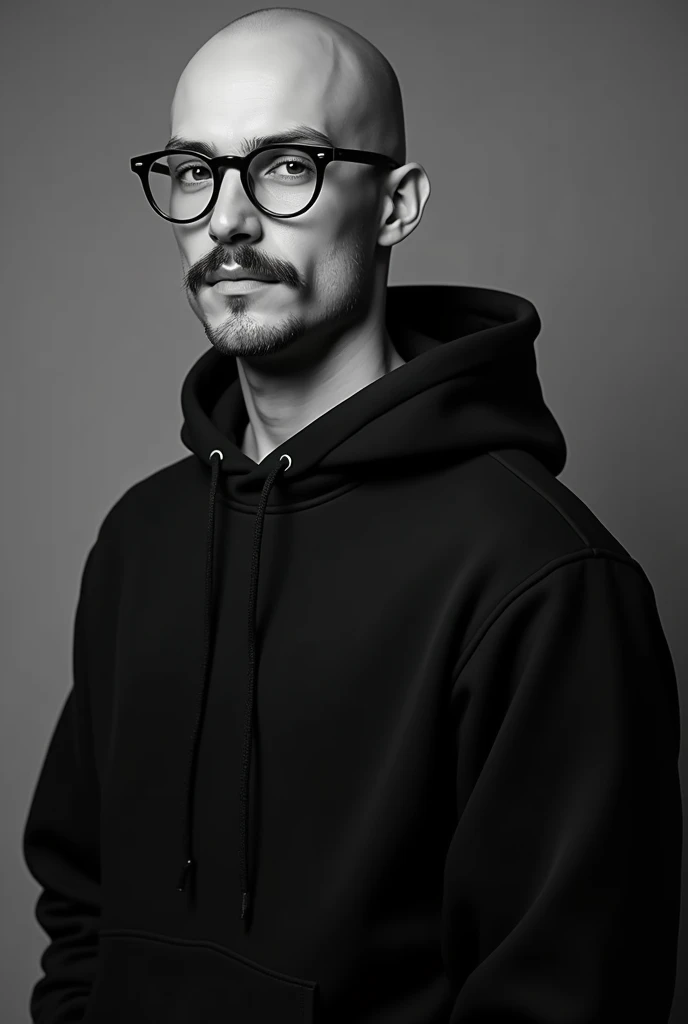 20-year-old bald man with a mustache and no beard, wearing a black hoodie & glasses