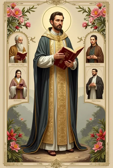 Create a detailed and inspiring illustration that represents the life of Saint John Gabriel Perboyre, highlighting his role as priest and teacher. En el centro de la imagen, depicts Saint John Gabriel in priestly vestments, holding a theology book, symboli...