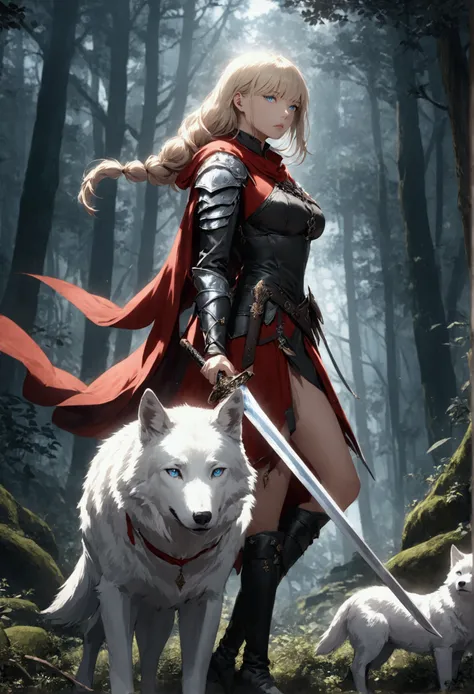 fantasy art, rpg art, dark fantasy art, ultra wide shot, raw, photorealistic, a picture of female human ranger and her (white: 1...