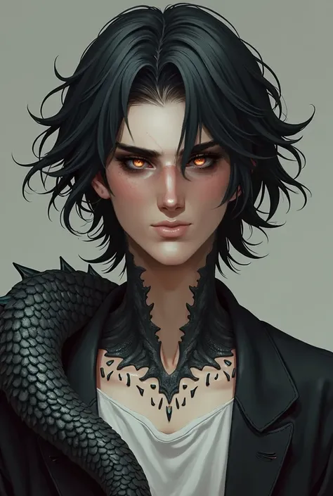 naughty man, 2, medium hair slightly wavy at the ends, black hair with white highlights, eyes with completely slit-shaped pupils, Gold iris, skin fair, human ears, black scales at the base of the neck and shoulders, small white scales in the corner of the ...