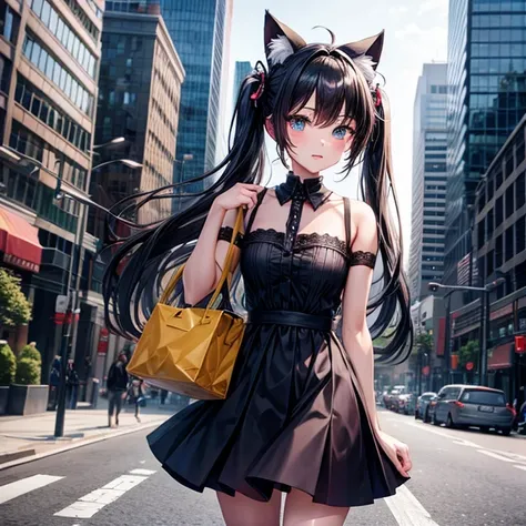 Anime girl with long hair and cat ears in the city,　Twin tails　cyber-