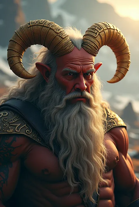 Mimir the god of war ,  reddish skin tone ,with runes tattooed on his head , golden horns and ropes tangled between them, ultra 4k image 
