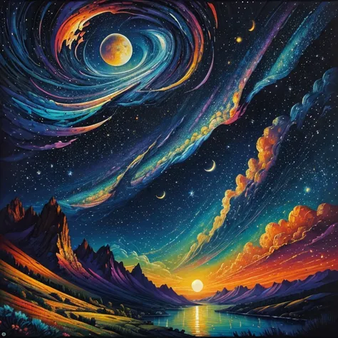 Masterpieces, best compositions, dynamic compositions, neo-ink impressionism, psychedelic, depictions of the Milky Way and starry sky with the moon, vibrant oil paintings, vibrant abstract landscapes, amazingly colorful landscapes, detailed impasto, colorf...