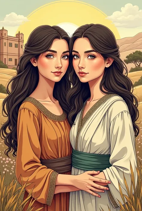 Make an illustration of the characters Rachel and Leah from the Bible in colored line drawing 