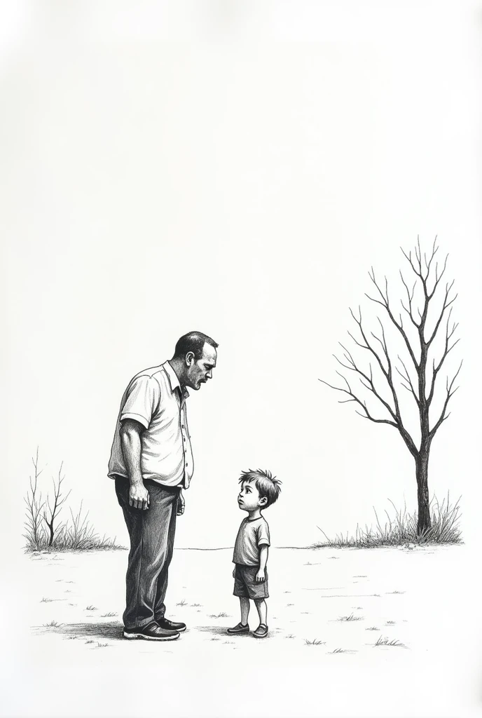 Hand-painted Q version black and white simple line draft，A little child next to his father，Scolded by father