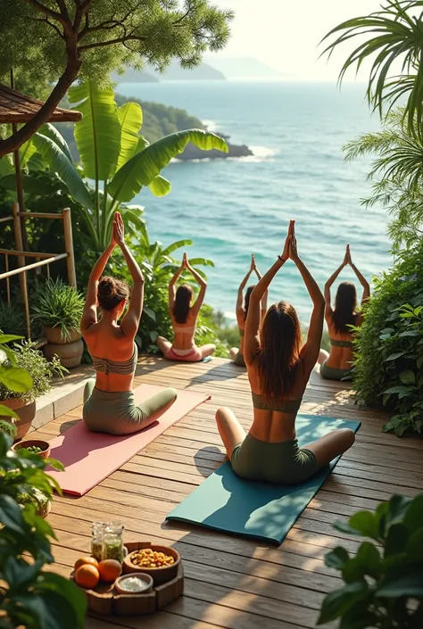 
“Full frame of women aged 30-50 years old, passionate about ecology and health, practicing yoga in an outdoor tropical garden amidst dense greenery. Overlooking the ocean. The women are dressed in eco-friendly sportswear made from natural materials, yoga ...