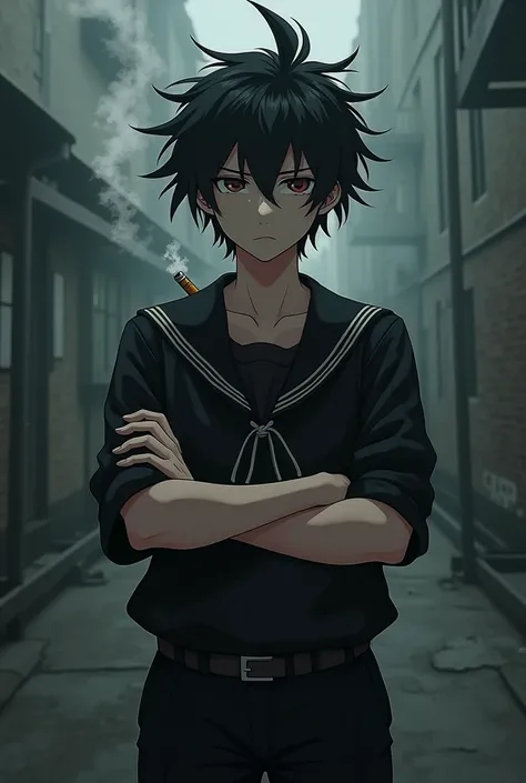 A teenager in a black sailor outfit smoking a cigarette, Logan style hair, smoking a cigar, with arms crossed, anime style