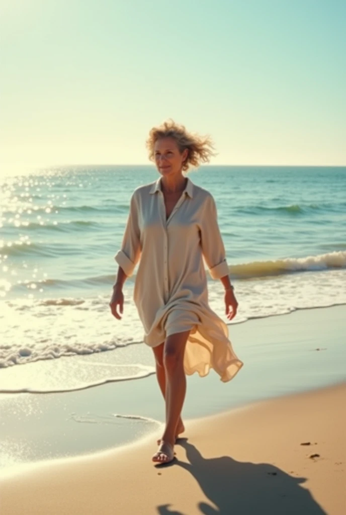 woman 50 years old, short, curly, and wavy hair. walking on the beach