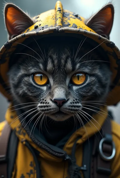 Close-up of the small cat firefighters face, soot-covered but resolute, as it assesses a dangerous situation.