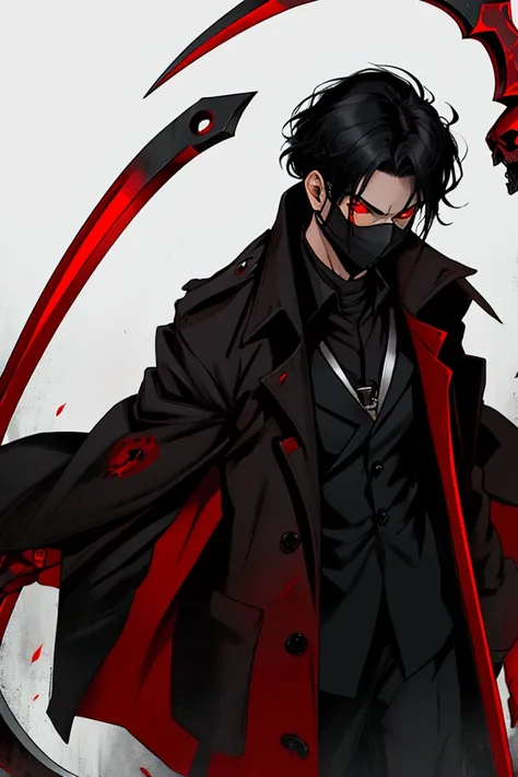 A man with a trench coat, black hair and crimson red eyes, wearing a chrome skull-shaped mask holding a scythe 