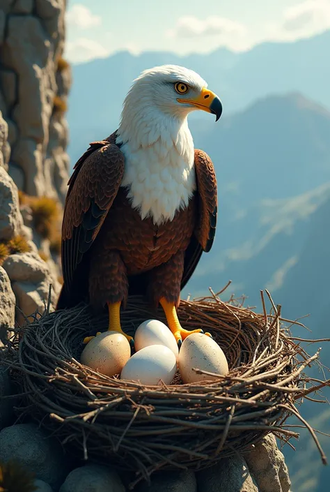 An eagle in her nest looking at her eggs 