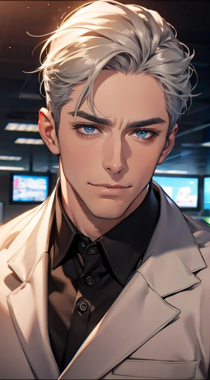 (best quality,4k,8k,highres,masterpiece:1.2),ultra-detailed,(realistic,photorealistic,photo-realistic:1.37),1 man,3,mature man,very handsome,without expression,smile,short grey blue hair,blue eyes,penetrating gaze,perfect face without errors,imposing postu...