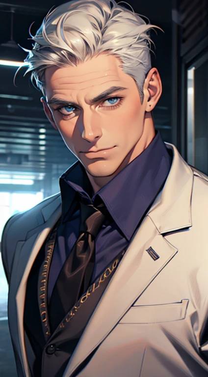 (best quality,4k,8k,highres,masterpiece:1.2),ultra-detailed,(realistic,photorealistic,photo-realistic:1.37),1 man,3,mature man,very handsome,without expression,smile,short grey blue hair,blue eyes,penetrating gaze,perfect face without errors,imposing postu...