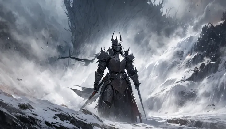 Create an impressionist painting of a spooky warrior knight, snow, Space Ash, Artistic, complicated,fog