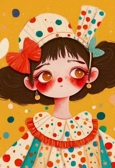 a painting，pastel art：clown girl。red nose。big eyes，multi-layered pleated collar。lovely的艺术风格, lovely细致的数字艺术, lovely的数字艺术, lovely的...