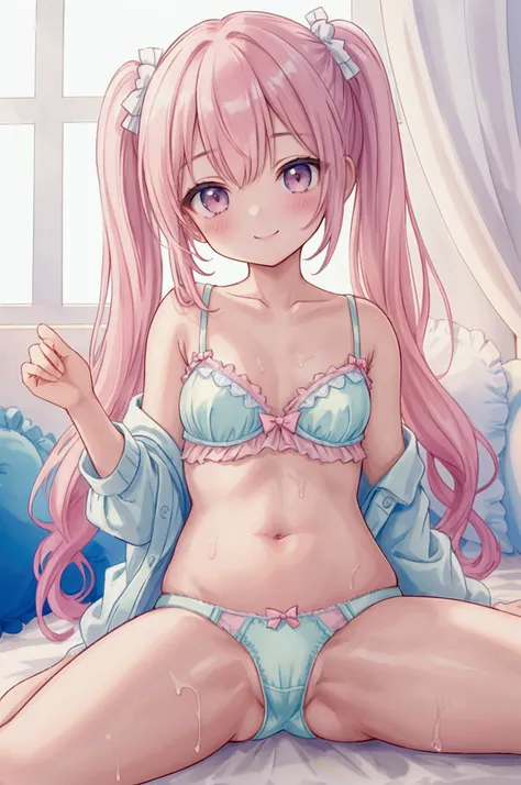 ((masterpiece,Highest quality, High resolution)), girl, infant,look at me,smile,Twin tails、Pastel colored bras、Pastel colored panties、Wet panties,spread legs,straddling,seeing from below