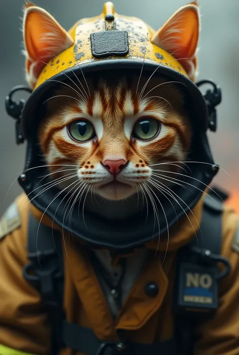 a close-up of a small soot-covered firefighter cats resolute face,detailed feline facial features,intense eyes,whiskers,nose,mouth,firefighter uniform,smoke-filled background,dangerous situation,dramatic lighting,cinematic composition,realistic rendering,a...