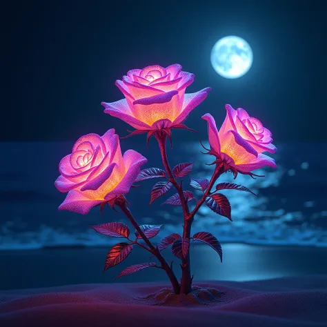 Create three meticulously detailed multicolored roses with their diamond petals in the bright and warm nighttime beach glowing light illuminated by the full moon in splendidly bright fluorescent intense neon colors.  Three-dimensional.best quality photo