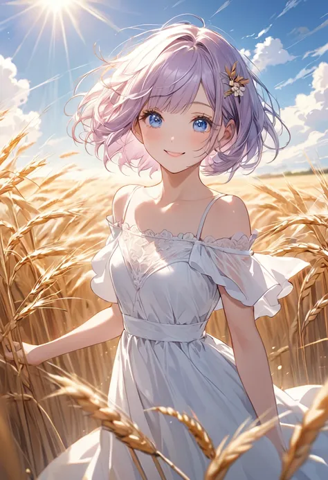 ((best quality)), ((Masterpiece)), (details), 1 woman, small breasts, light purple hair, blue eyes, ((short hair)), Bangs , Beautiful face, Beautiful skin, Long eyelashes, Thick eyelashes,  Standing in the middle of a wheat field, Look at the sky, blue sky...