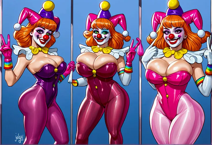 A clown (gorgeous woman, sheer skin tight colorful tights, jiggly breasts, big butt, clown nose, clown makeup, jester hat) jiggles and bounces around acting crazy, squeezing her breasts to express her milk and flashing her vagina at the audience, horny bur...