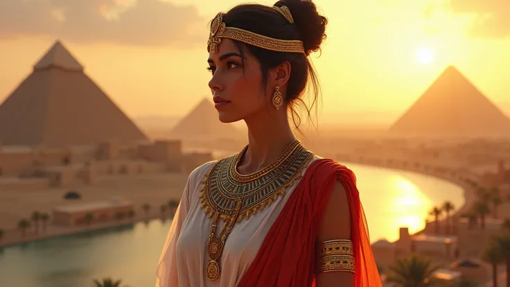 A captivating portrait of an 1 Egyptian woman named Linda from the Ptolemaic era. She is adorned in traditionalancient Egyptian attire, featuring a sheer white fabric with a flowing red underlay, adorned with intricate gold jewelry and accessories. Her hai...