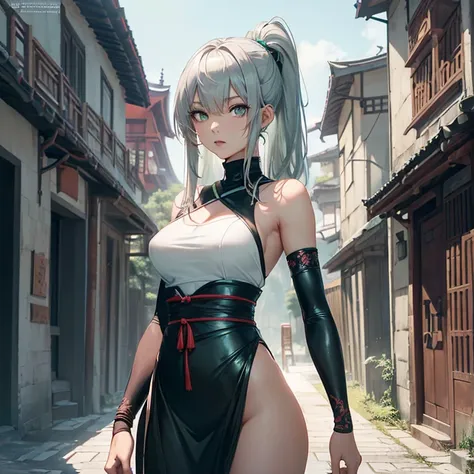 Masterpiece, absurdres, high fantasy artwork, best high quality image, carefuly detailed, very detailed features and textures, detailed color, detailed character, solo alone character, HD.
{{(A 14-years-old kunoichi girl:(silver short-straight-hair, asian-...