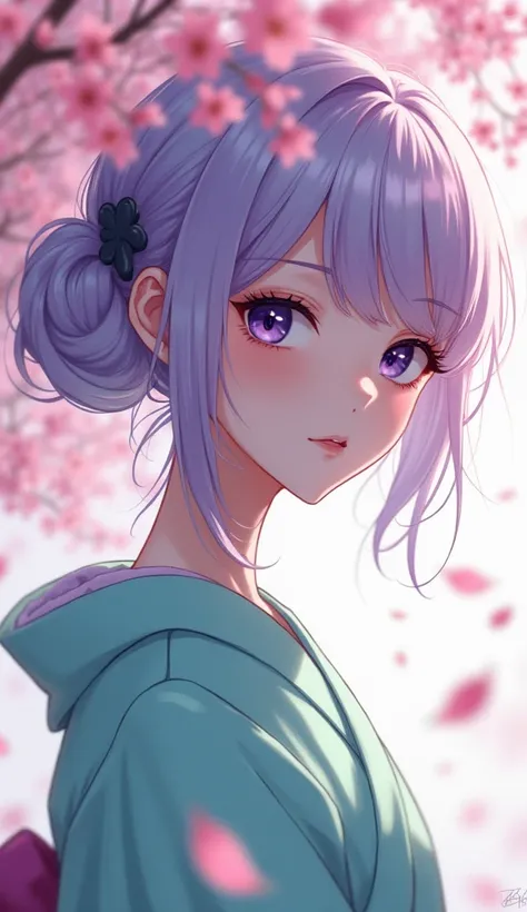 woman。solo, High resolution, Loose and fluffy hair up。Hair color light purple。dark purple eyes。
Kimono mint color。Slanted Eyes。Background cherry blossom petals。anime。anime。