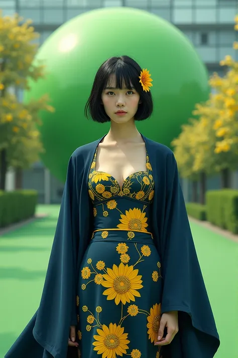 Japani Woman in dark blue and yellow flower made  bra  standing on green ball road 