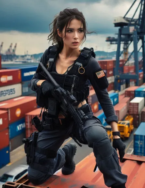 ８K、Realistic photos、Realistic skin texture、US Navy　A Japanese woman who is a member of the Navy SEALs is in a container yard、Accurate and fully equipped、Desperate look、Dramatic and delicate composition like a movie、Full Body Shot、A scene from a movie、Stand...