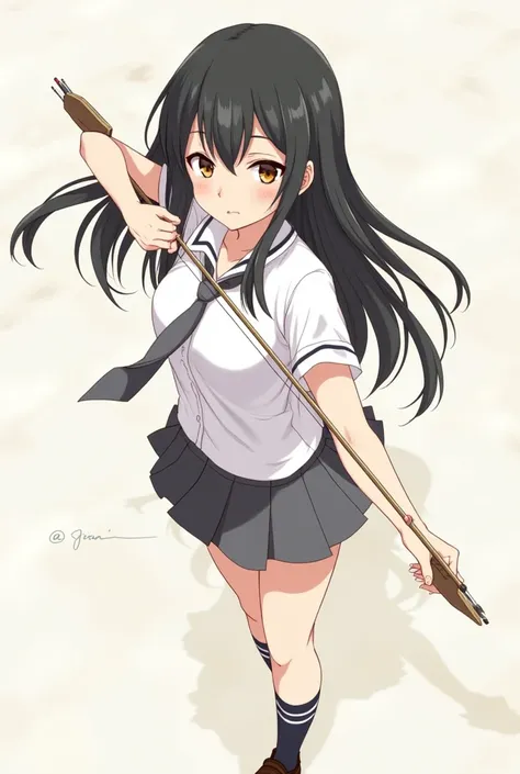 Make a fanart of a girl with long black hair, wearing a white shirt with small black stripes and long sleeves, brown eyes, wearing a grey tie, gray mini skirt, gray socks and holding a bow and arrow