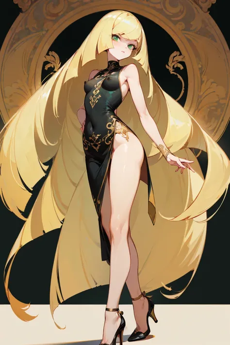 ((Highest quality)), ((masterpiece)), (Familiar), Lusamine,nsfw,Tattoo of the uterus,thin,Long blonde hair,Small breasts,Small breasts,Erect nipples,Adult female,Green Eyes,Slanted Eyes,Sleeveless dress,Brilliant dresses,Gold embroidery,High heels,Fascinat...