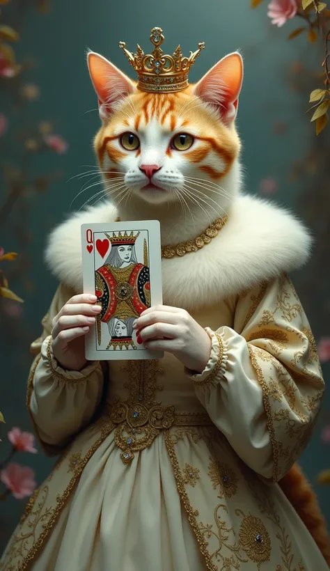 Q: Cat in a flowy dress with a crown holding a queen card