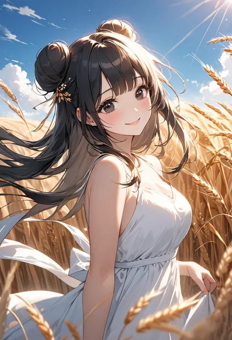 ((best quality)), ((Masterpiece)), (details), 1 woman, Medium bust, black hair, black eyes, ((long hair, buns)), Bangs , curve, beautiful face, Beautiful skin , Long eyelashes, Thick eyelashes,  Standing in the middle of a wheat field, Look at the sky, blu...