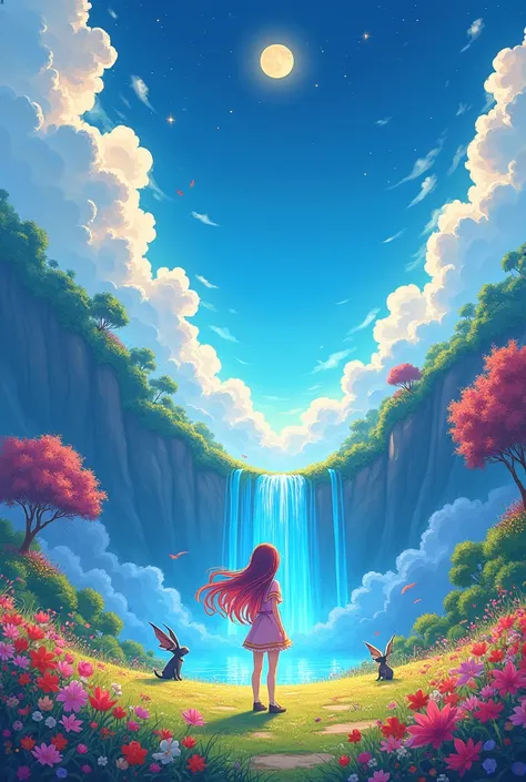 Create an anime background image that illustrates a magical setting in a fantasy realm. Show a vast field with bright flowers and exotic trees that seem to have a life of their own. At the center, a young heroine with long, colorful hair is standing, watch...