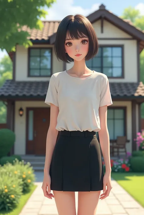 
"A young Asian woman, around 18-20 years old, with short hair, is standing in front of a house. She is wearing a black short skirt and a white t-shirt. The background should show a typical house exterior, with details such as a door, windows, and perhaps ...