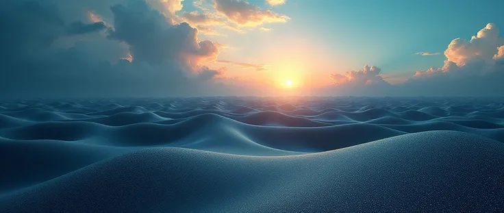 The beautiful Taklamakan Desert made of diamond sand, DARK BLUE SAND, LENS FLARE, REFLEX, LUZ VOLUMETRICA, WAVES OF SAND, CLOUDS, SUN RAY, REAL COMO ESPELHO, LIFE LIKE, SURREAL, HIPER DETALHADO