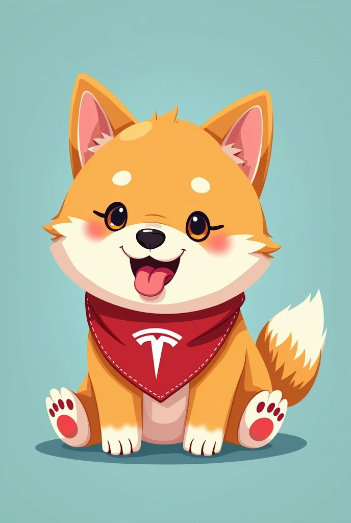 A Baby Floki doge happy with tongue with red handkerchief in neck with Tesla icon in handkerchief with blue background 
With hands of dog with DOGE crypto rewards 