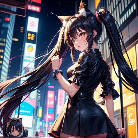 Anime girl with long hair and cat ears in the city,　Twin tails　Cyberpunk　Night City