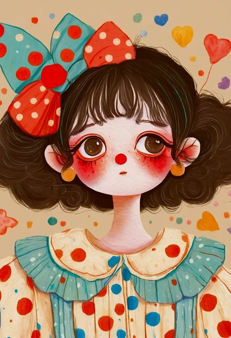 a painting，pastel art：clown girl。red nose。big eyes，multi-layered pleated collar。lovely的艺术风格, lovely细致的数字艺术, lovely的数字艺术, lovely的...